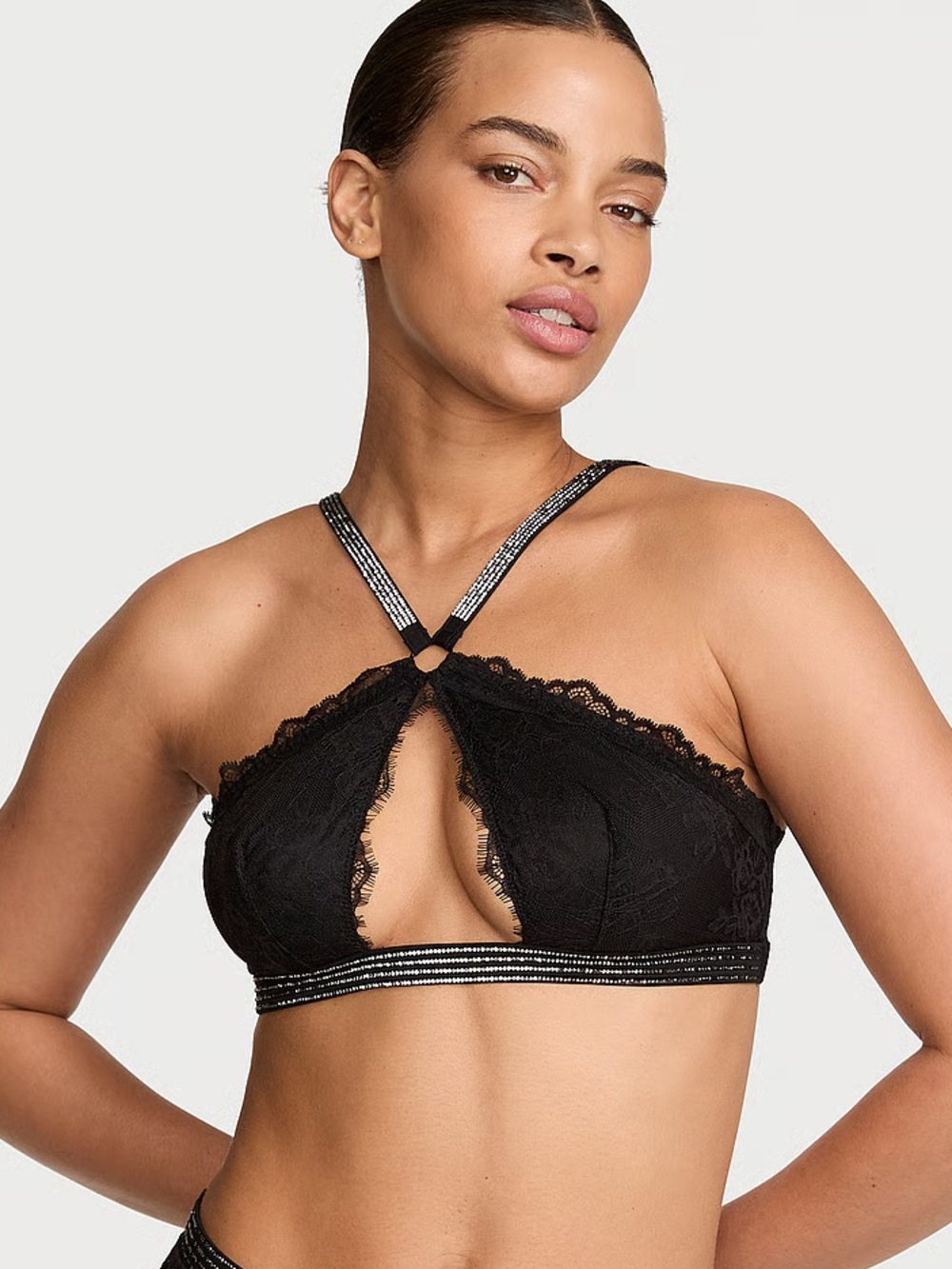 Victoria's Secret Black Lace Keyhole Bralette with Embellished Straps